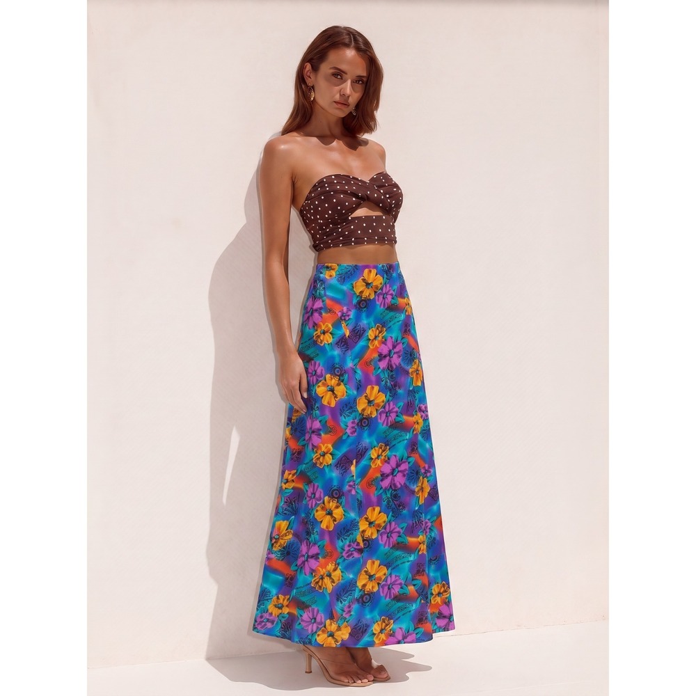 Vintage Hawaiian Maxi Skirt Sz M Floral Front Button Tropical 90s Rayon Festival